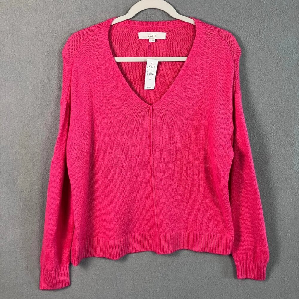 LOFT Women’s Wool Blend Pink Knit V-Neck Sweater Long Sleeve Size M NWT
